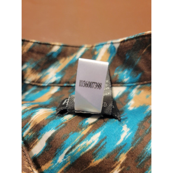 Chico's Additions Brown Teal Abstract Stretch Button Front Top Size 3 = XL (16) - Picture 11 of 11